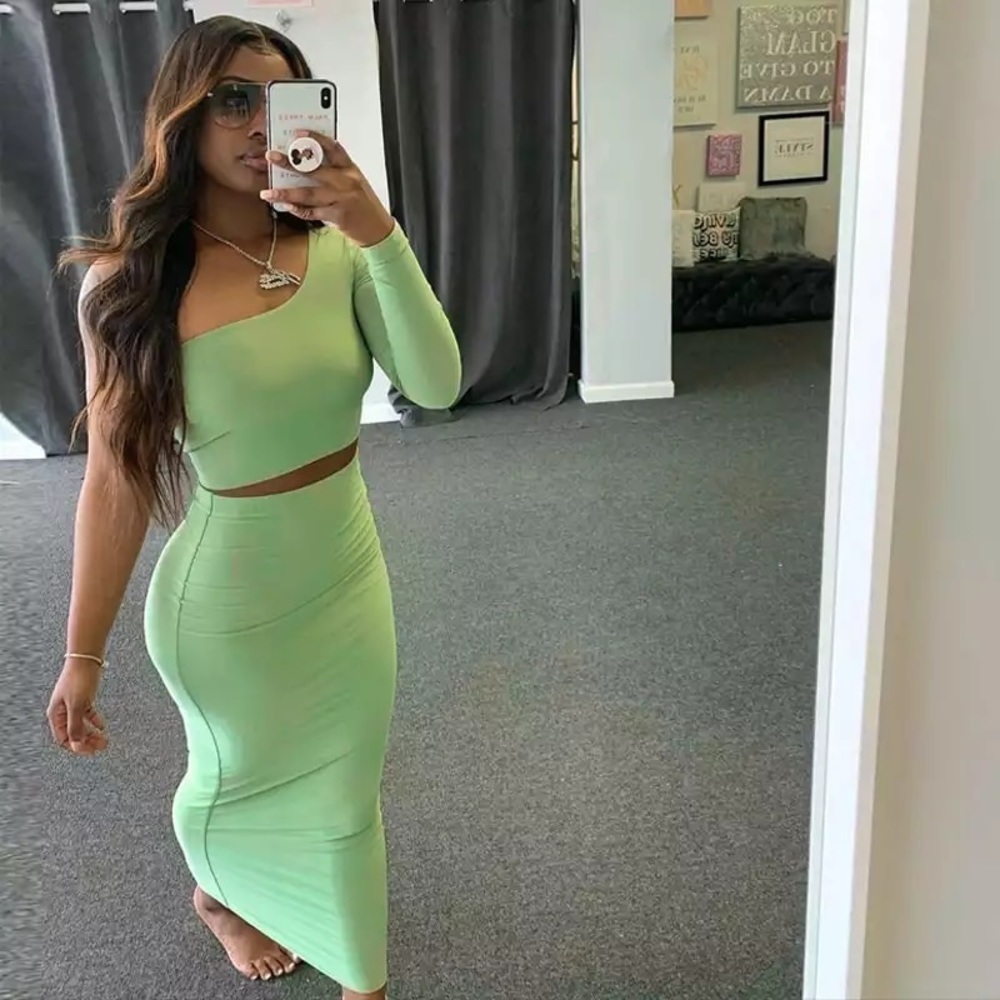 Two Piece Set Crop Top Sleeve One Shoulder Midi Skirt Bodycon Streetwear